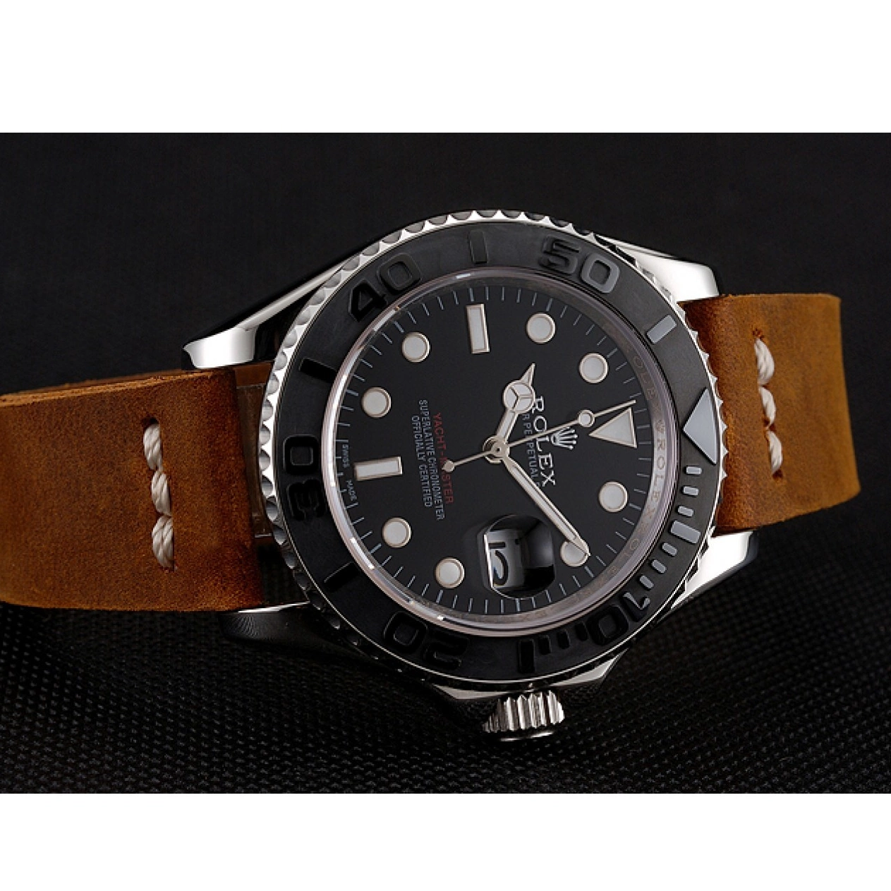 Rolex aaa copy Rolex Bracelet Silver Case 1453859 Yacht Master Brown Black Dial Leather 0616